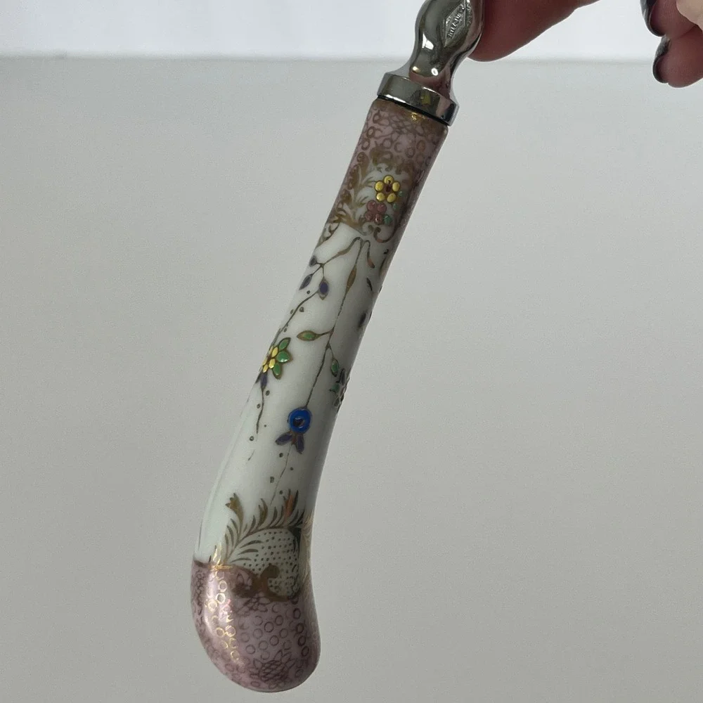 A E Lewis Co Shell Serving Spoon Porcelain Floral Handle Silver Tone Vintage